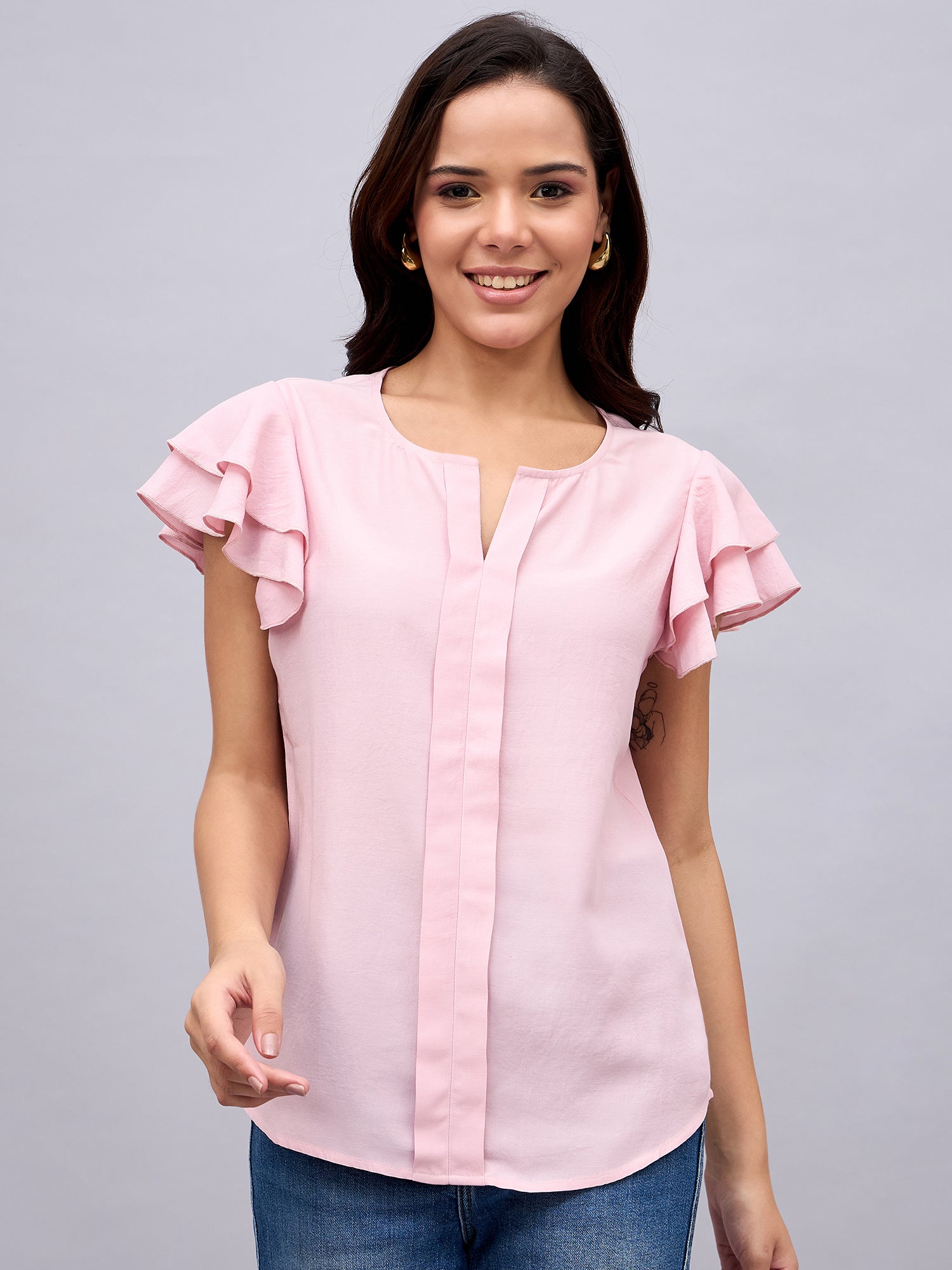 Front view of NUWAH pink ruffle sleeve  top – casual wear
