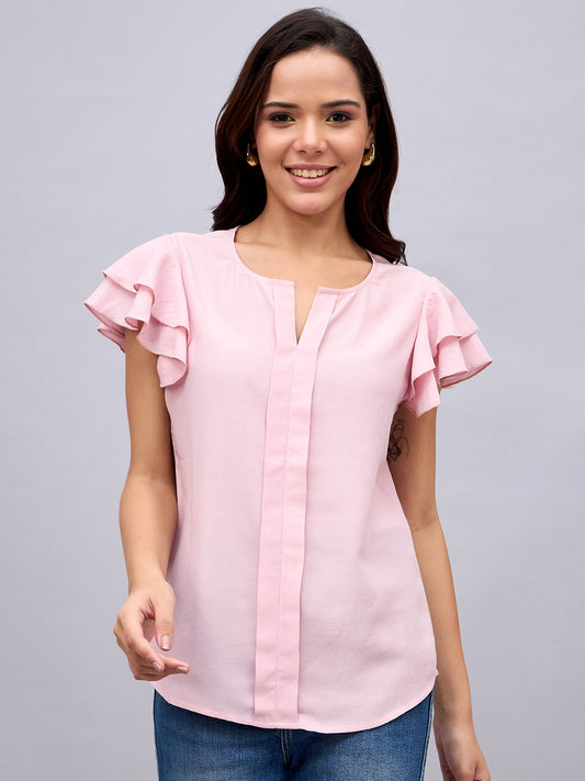 Front view of NUWAH pink ruffle sleeve  top – casual wear
