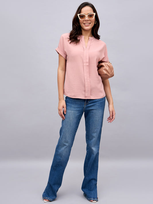 Blush pink mandarin collar top by NUWAH – front view
