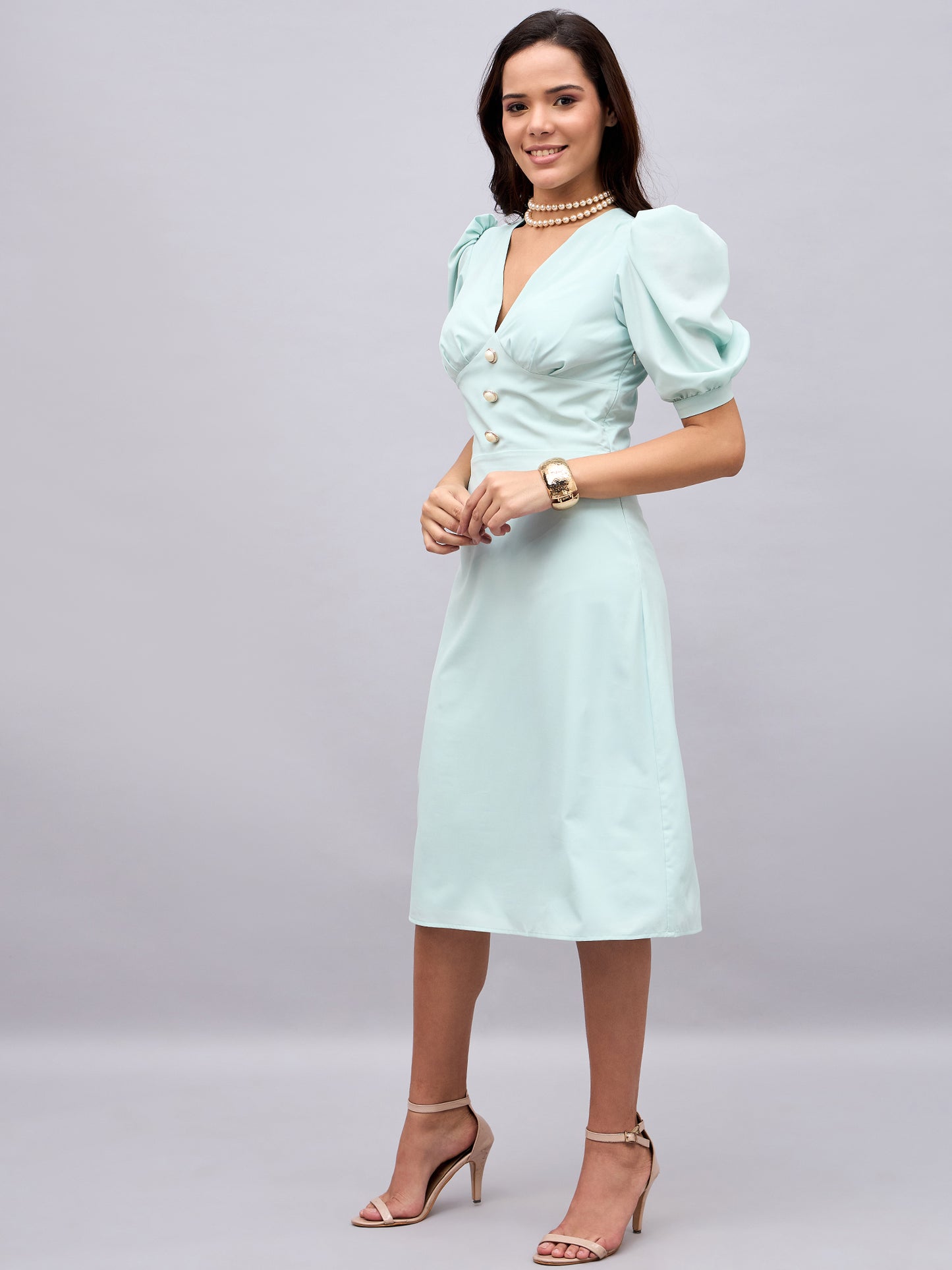 Sage Green Puff Sleeve Pearl Midi Dress