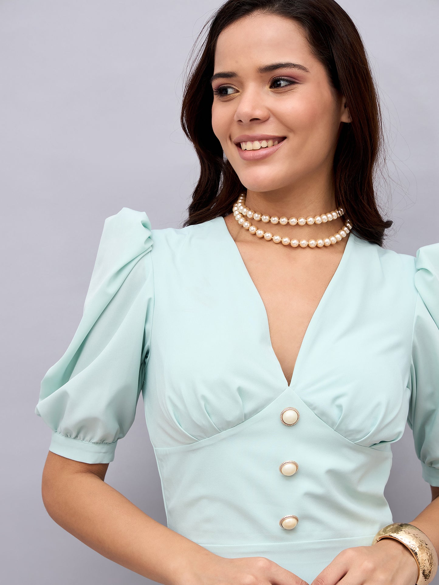 Sage Green Puff Sleeve Pearl Midi Dress