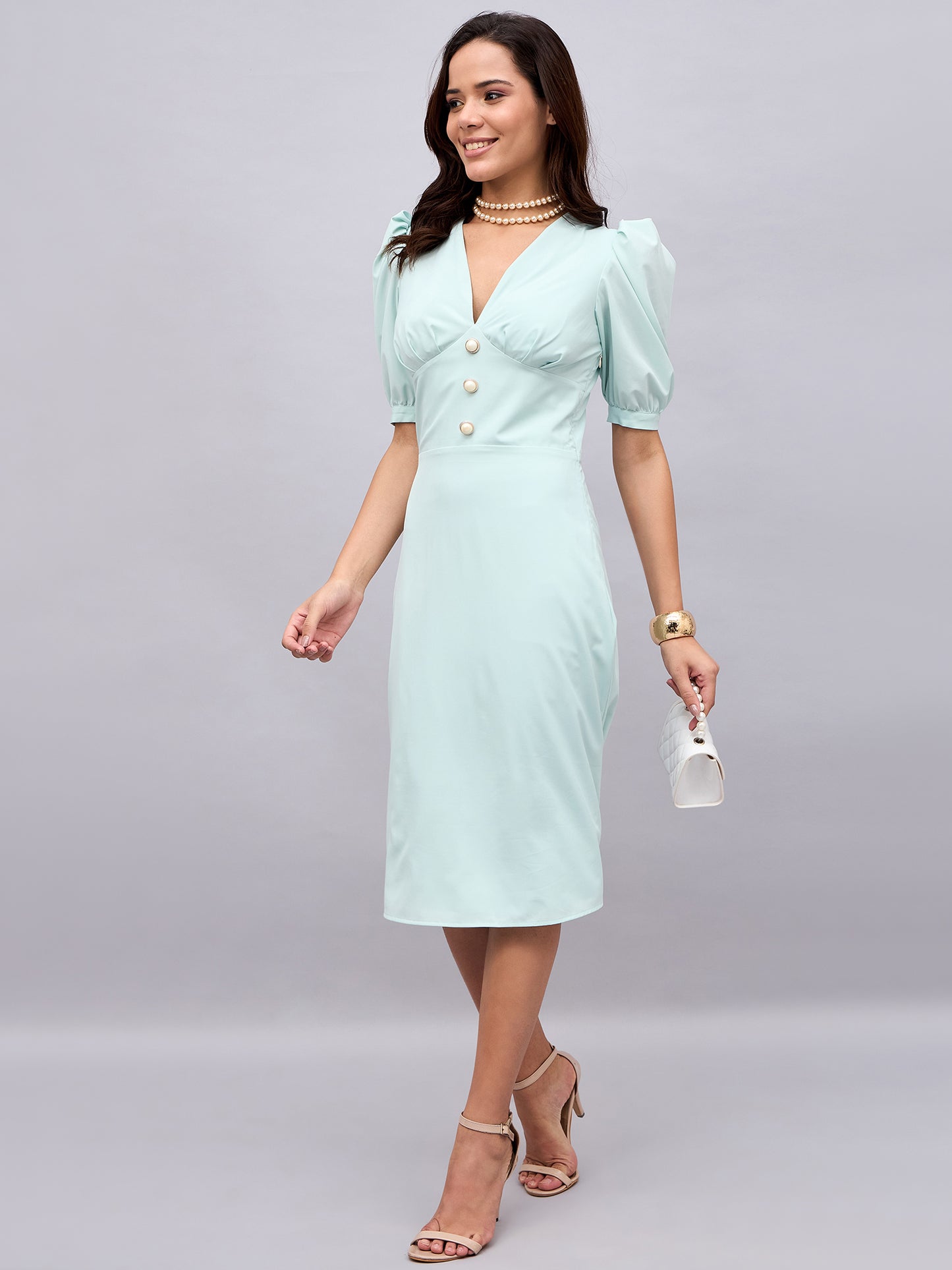 Sage Green Puff Sleeve Pearl Midi Dress