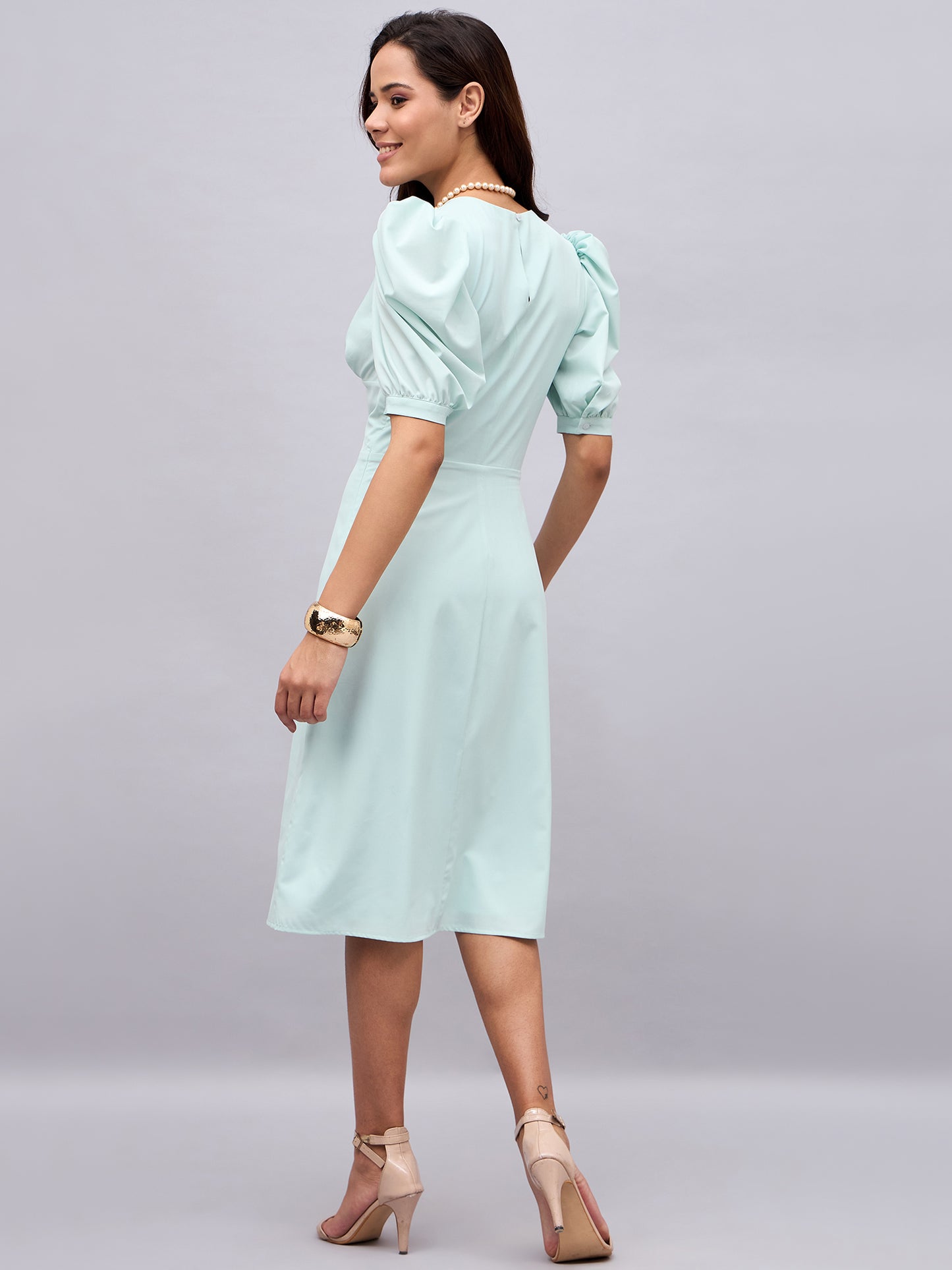 Sage Green Puff Sleeve Pearl Midi Dress