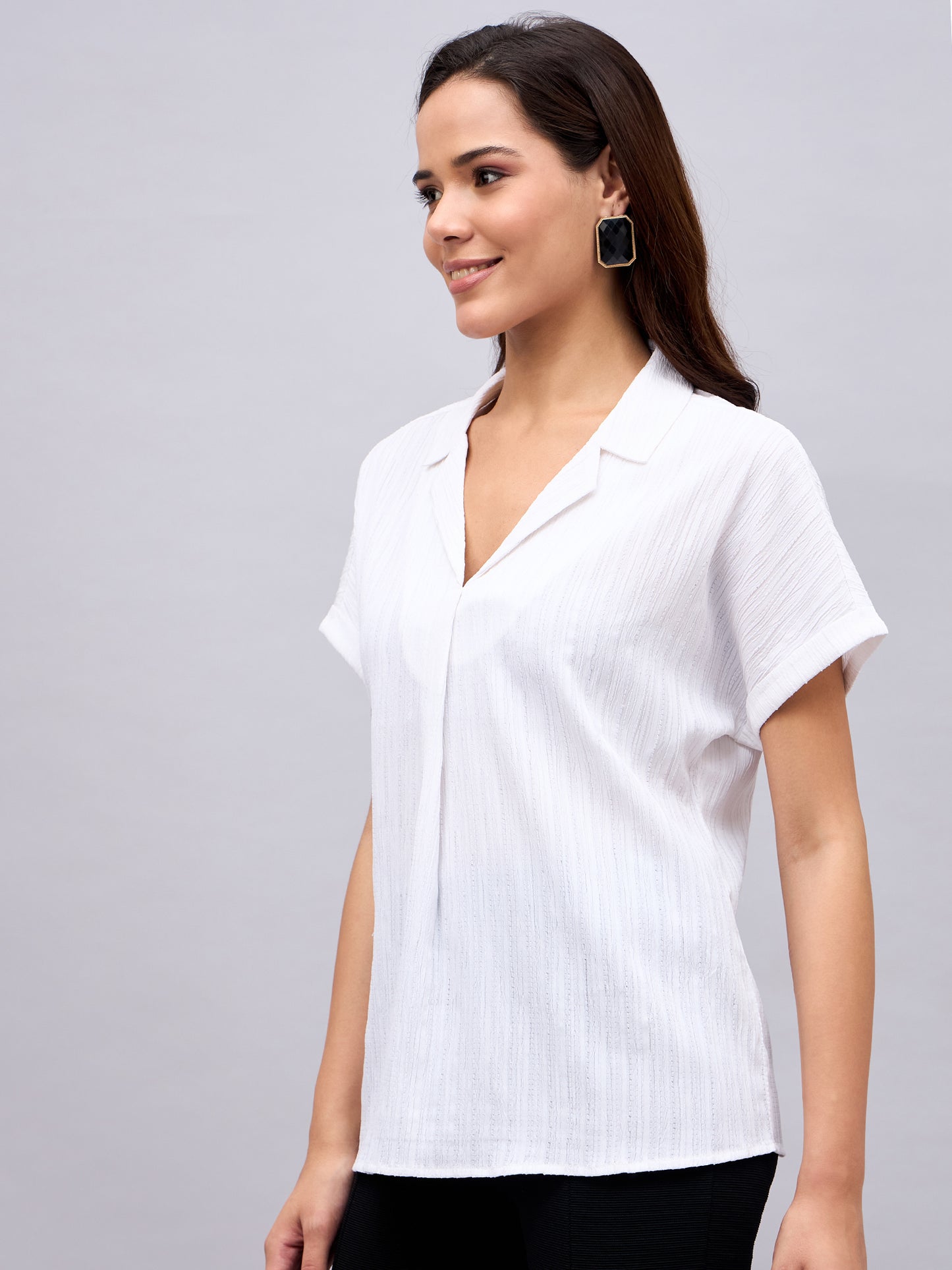 Textured White Cuban Collar Top