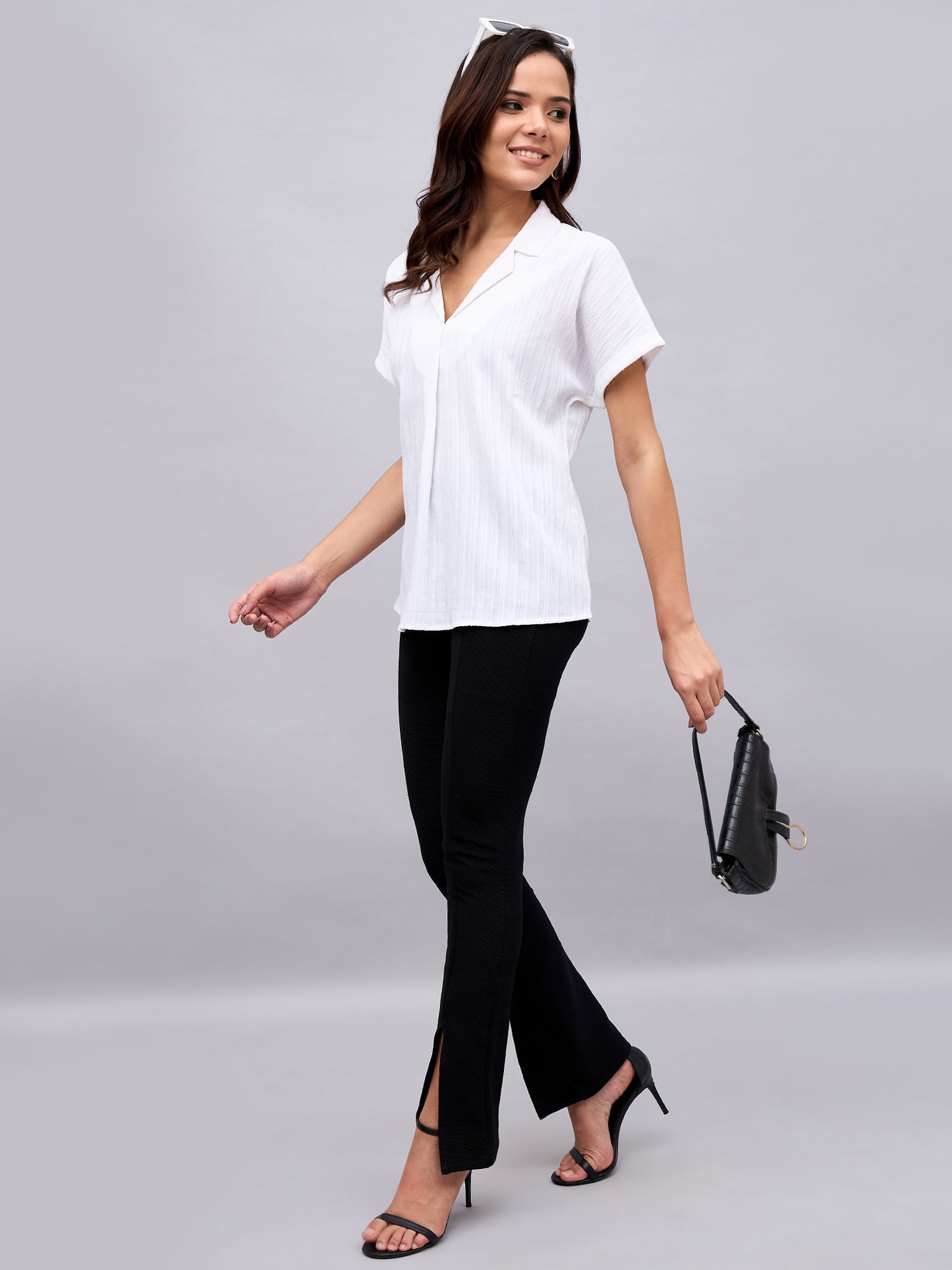 Textured White Cuban Collar Top