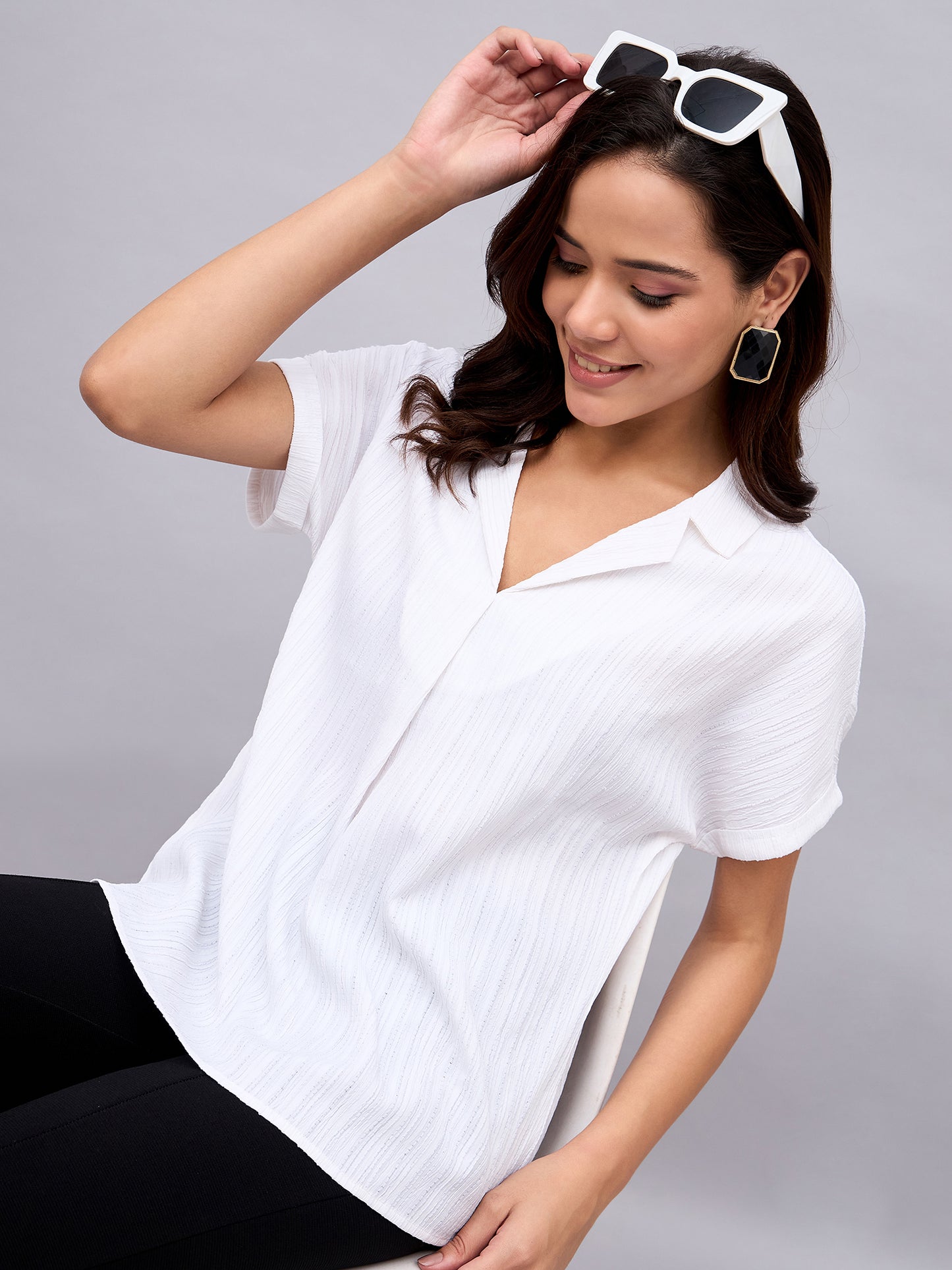 Textured White Cuban Collar Top